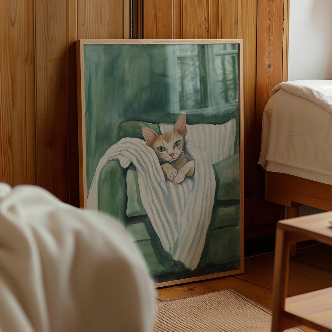 Ginger Cat On Green Armchair Striped Blanket Painting Wall Art - Image 3