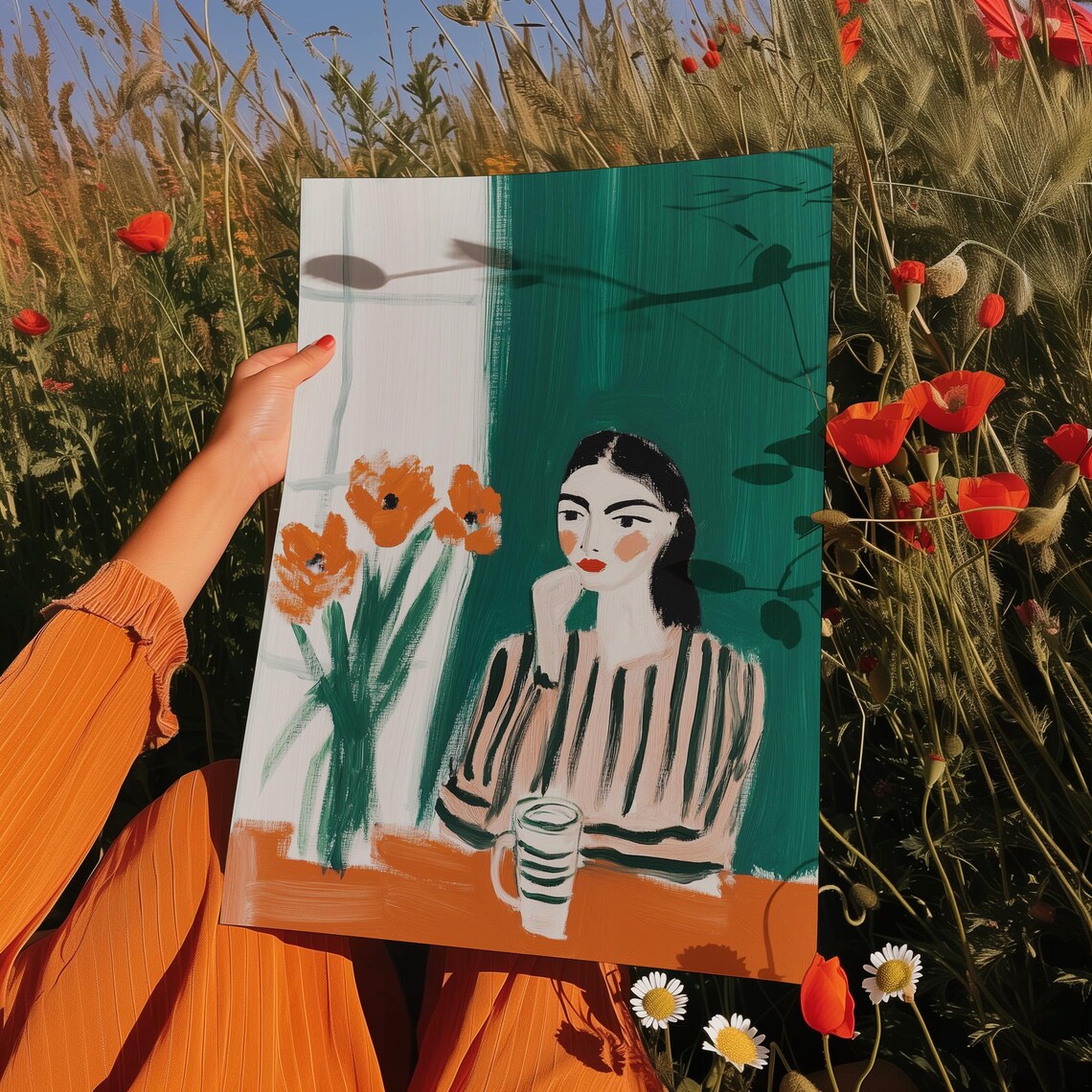 Modern Woman With Coffee And Orange Flowers, Minimalist Kitchen Decor - Image 2