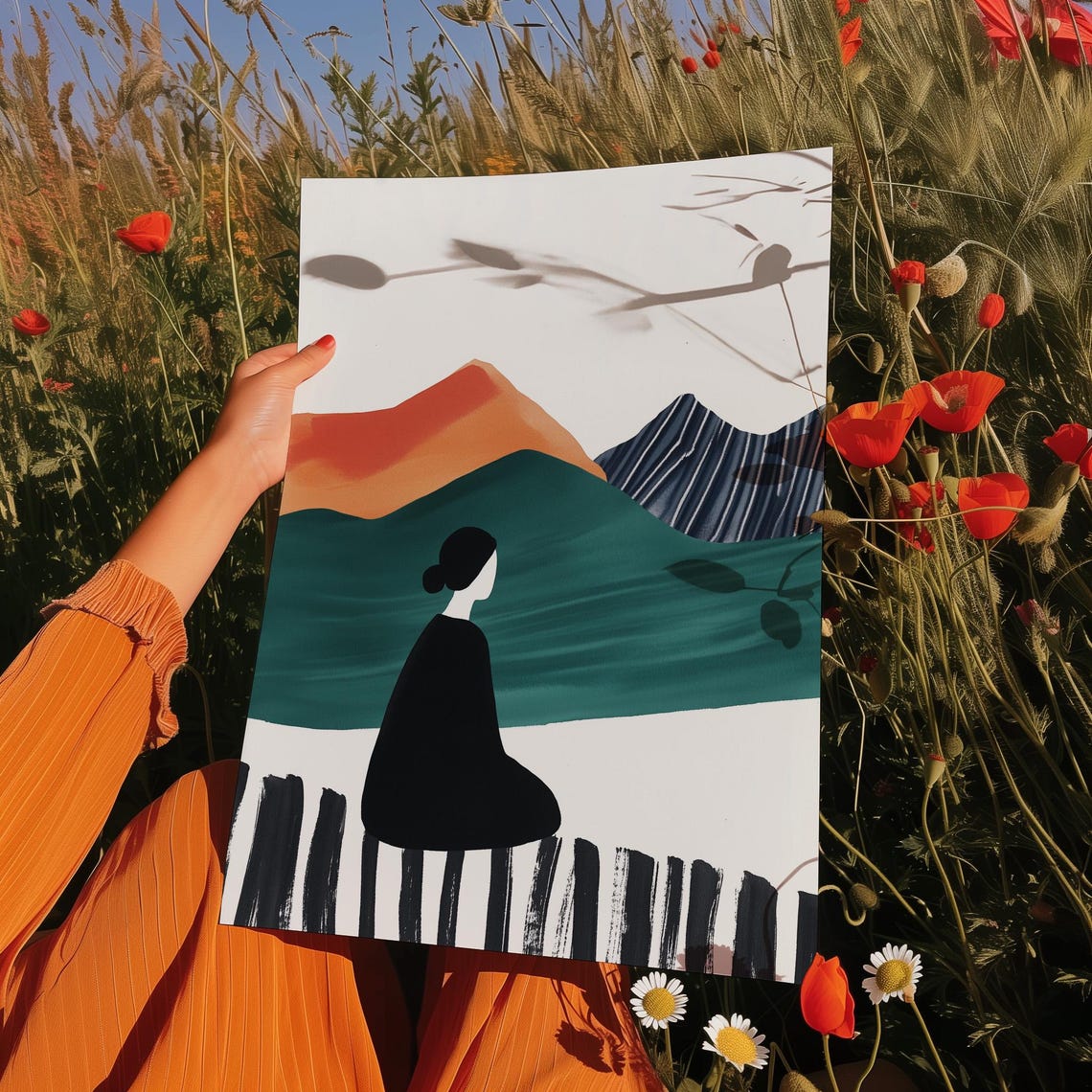 Minimalist Woman Before Colorful Abstract Mountain Peaks Poster - Image 4