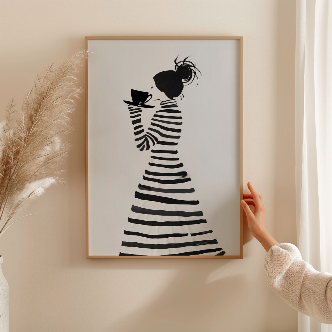 Striped Dress Woman Drinking Coffee Minimal Line Art Morning Poster - Image 2
