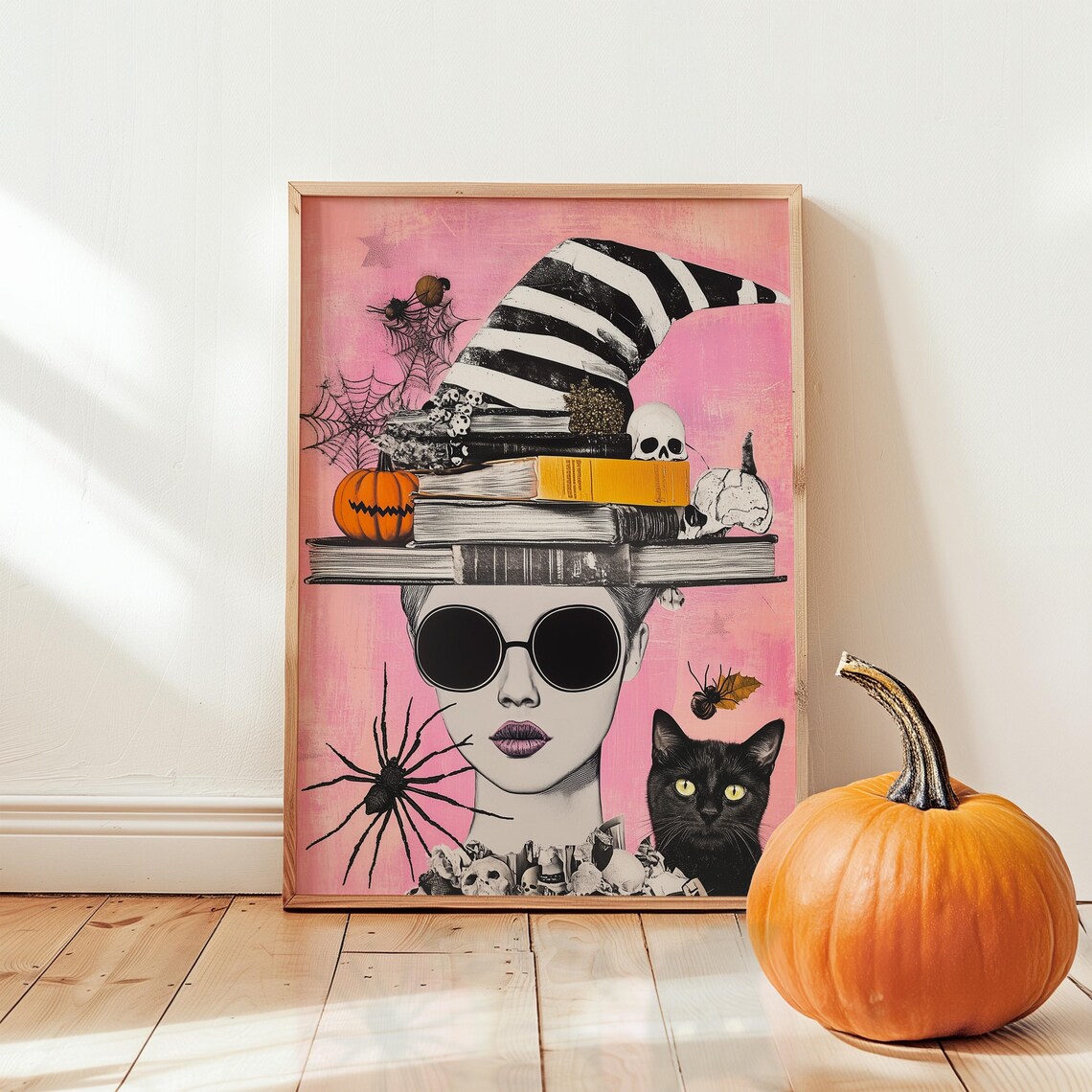 Funky Halloween Witch Art Print, Pink Gothic Decor