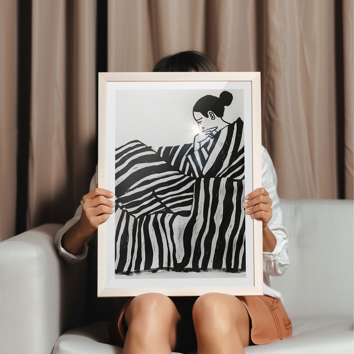 Contemplative Woman In Striped Kimono Black And White Line Drawing Art Poster - Image 4