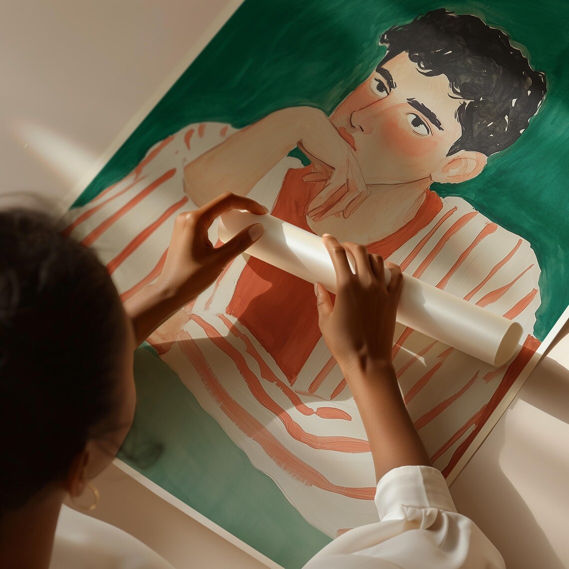 Young Man Resting Chin Striped Shirt Emerald Green Portrait Wall Art - Image 4