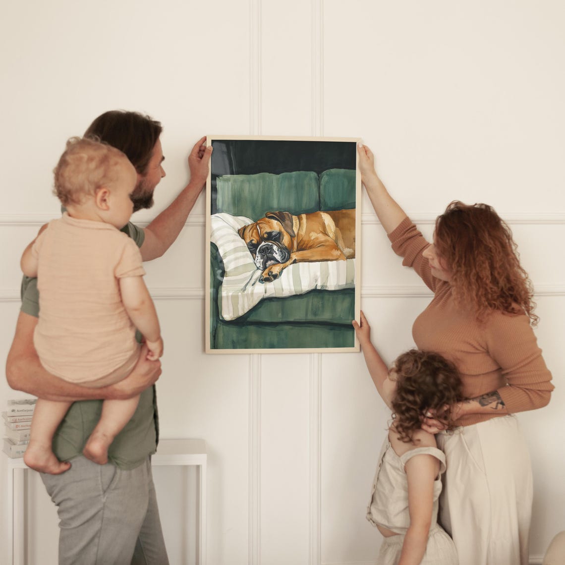 Boxer Dog Sleeping On Striped Pillow Green Couch Watercolor Poster - Image 4