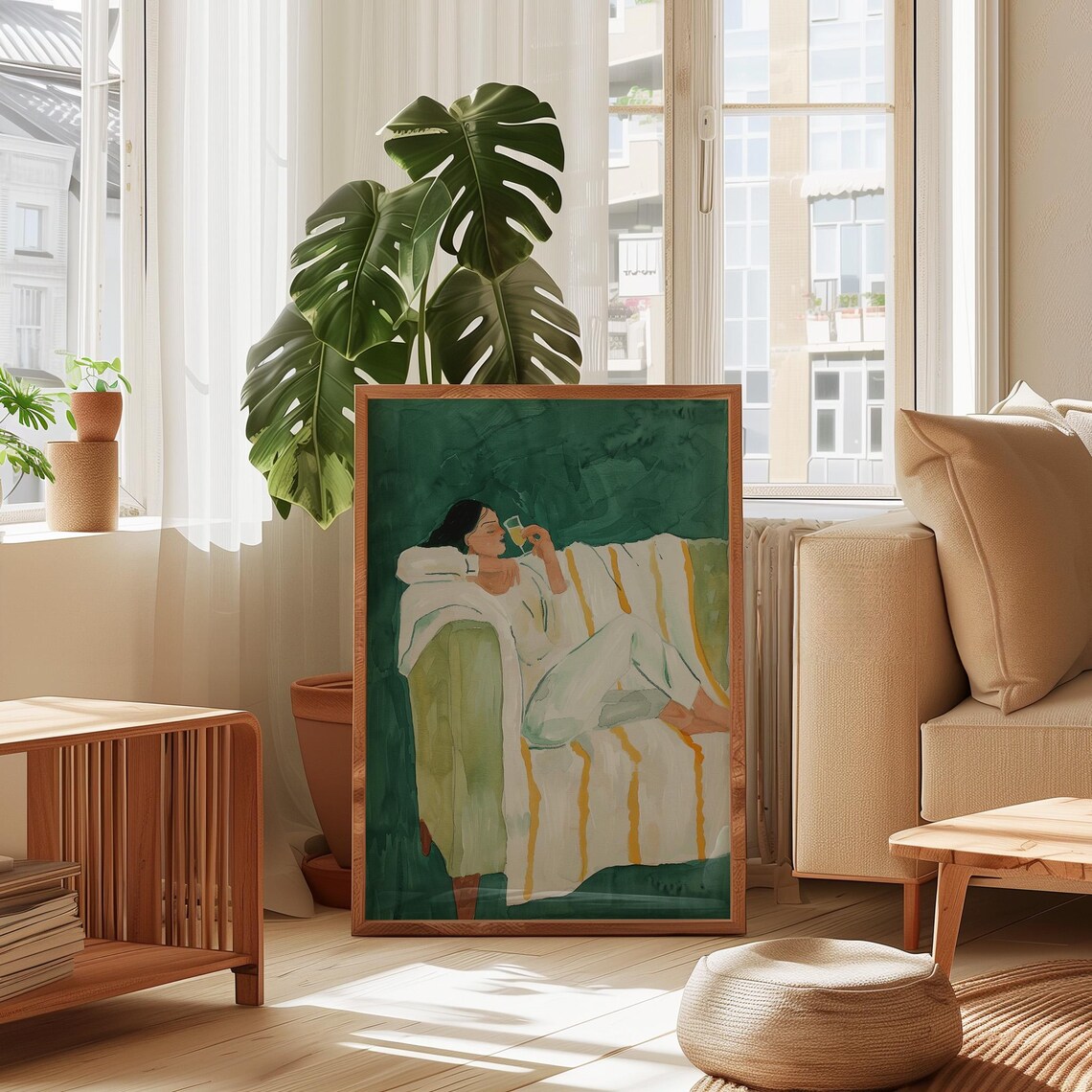 Relaxed Woman Sipping Wine on Armchair Green Painting Poster - Image 3