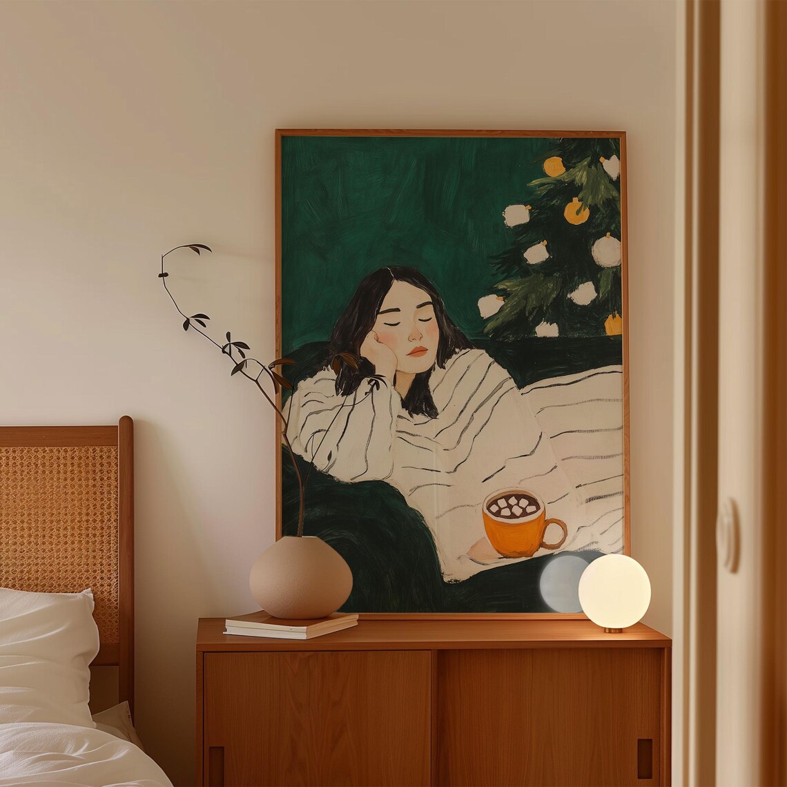 Cozy Woman Wrapped in a Blanket With Hot Cocoa by the Tree Poster - Image 3