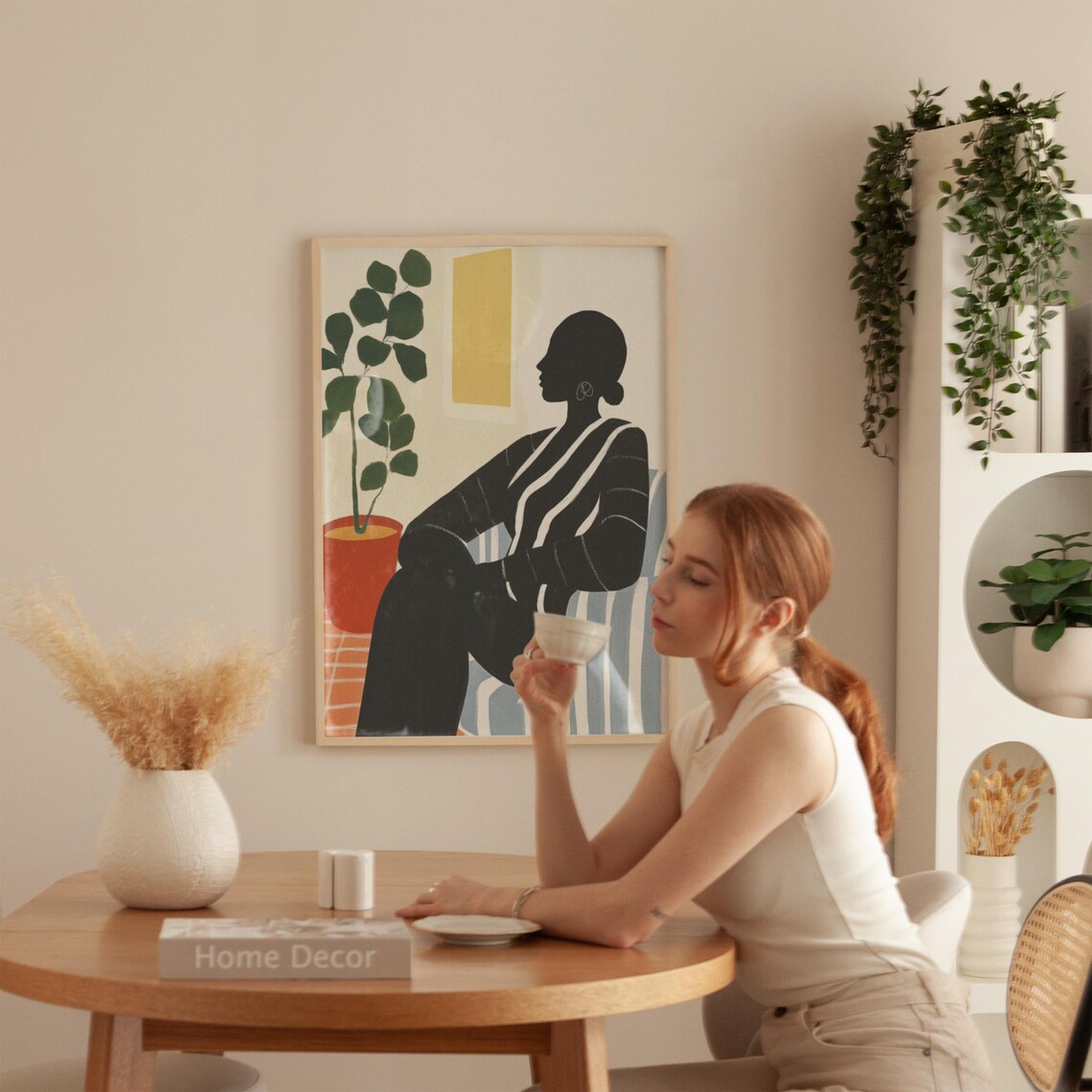 Black Silhouette Woman Profile Striped Chair Plant Modern Art Poster - Image 4