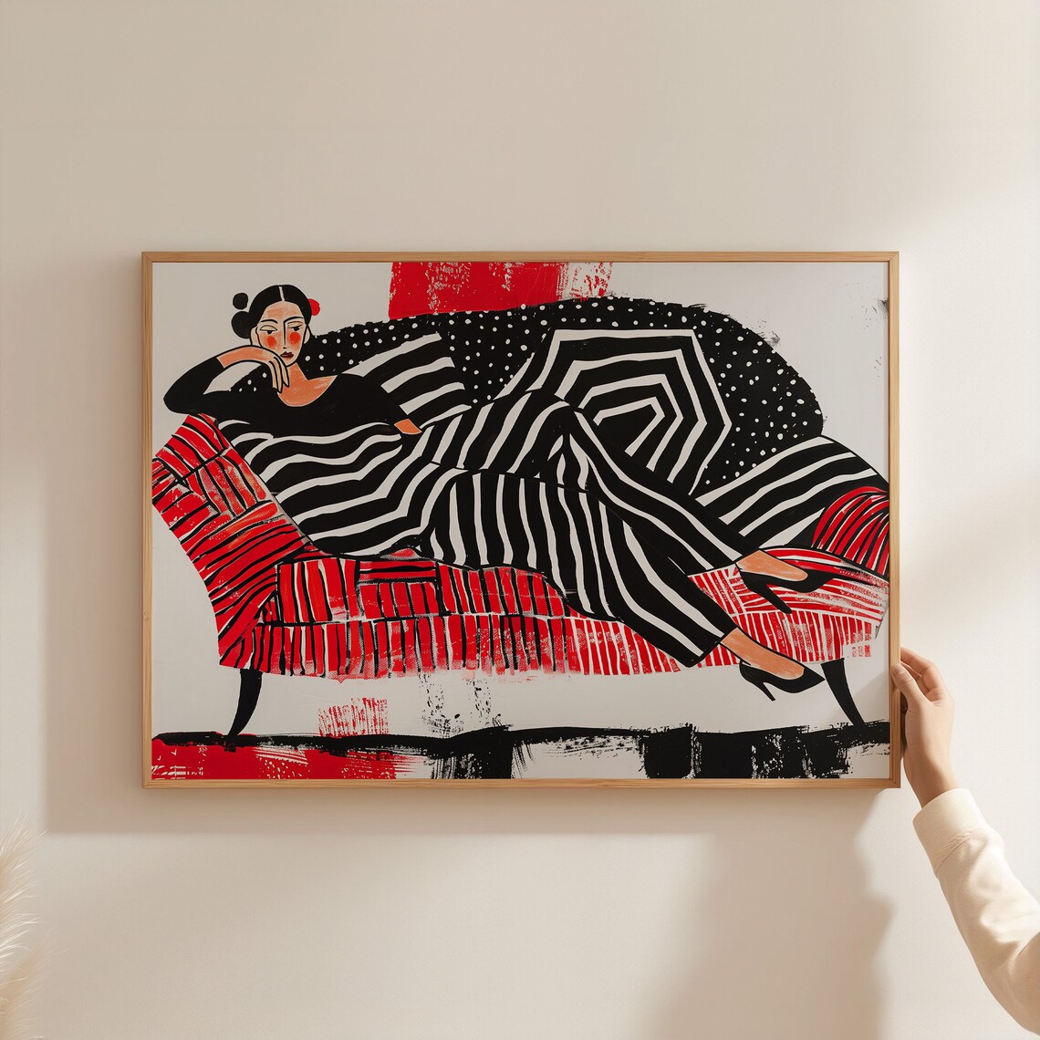 Bold Abstract Woman on Red Sofa, Wall Art Print