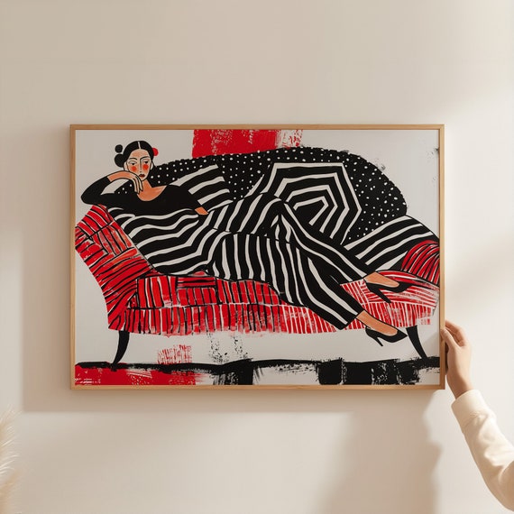 Bold Abstract Woman on Red Sofa, Wall Art Print