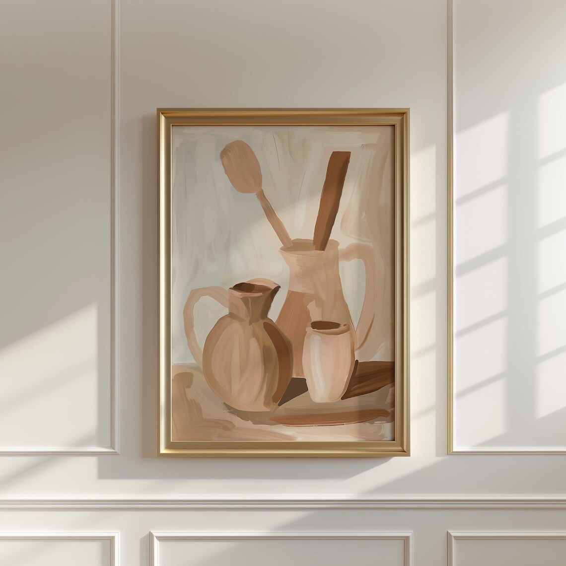 Neutral Pottery Jugs Wooden Spoons Beige Still Life Kitchen Art Poster - Image 3