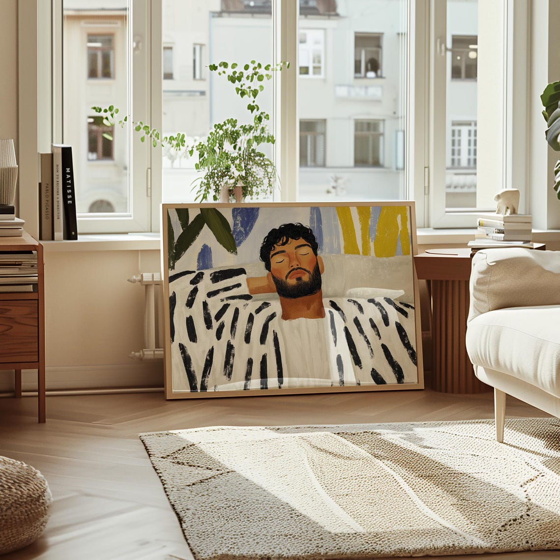 Bearded Man Sleeping Peacefully Under Zebra Striped Blanket Poster - Image 2