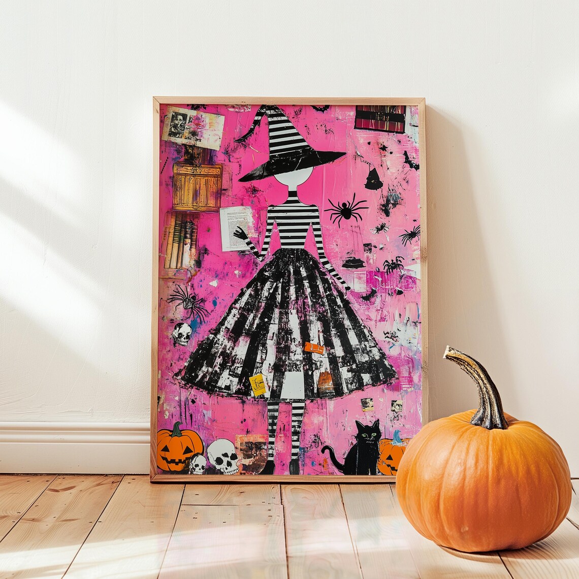 Pink Halloween Witch Pop Art Collage, Spooky Decor
