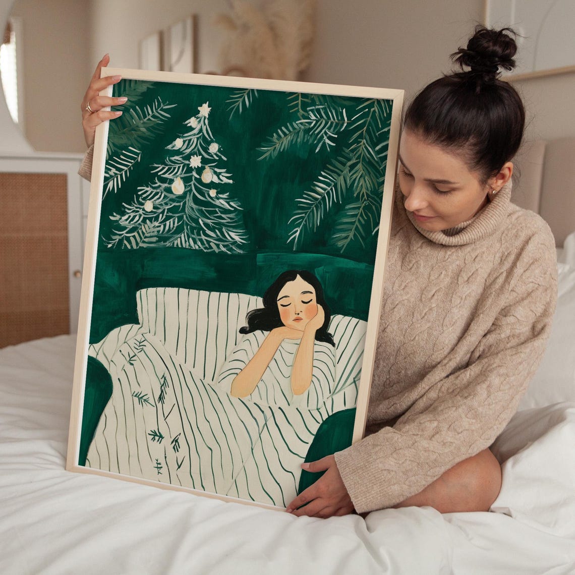 Woman Resting on a Couch Under a White Christmas Tree Poster - Image 4