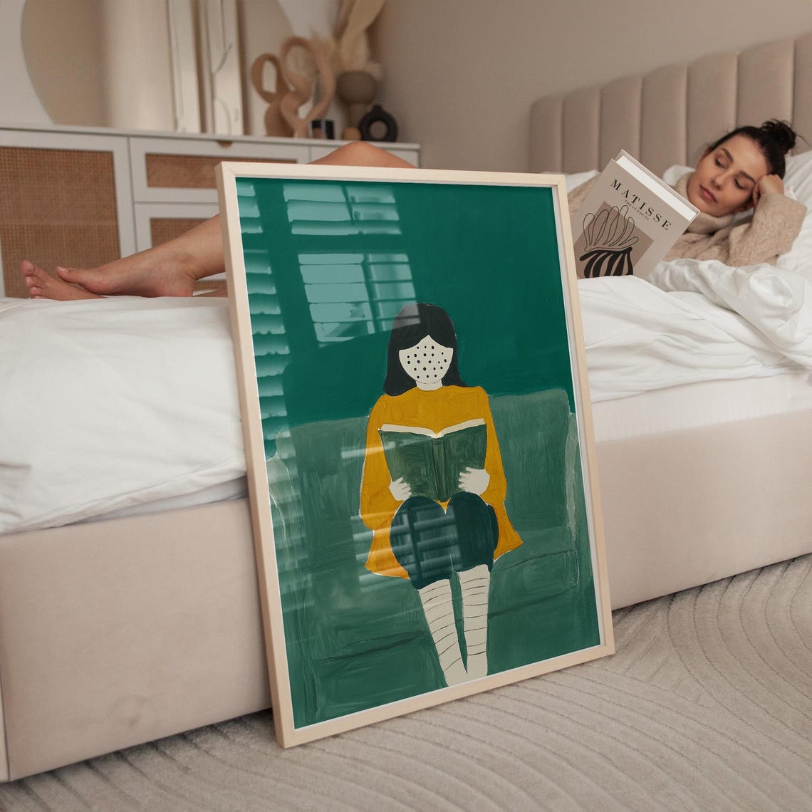 Faceless Reader in a Mustard Sweater Holding a Book on Green Poster - Image 5