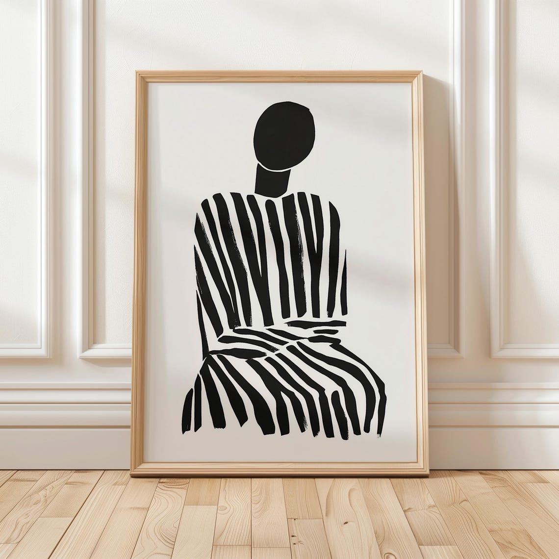 Minimalist Seated Woman In Striped Dress Abstract Art Poster - Image 4