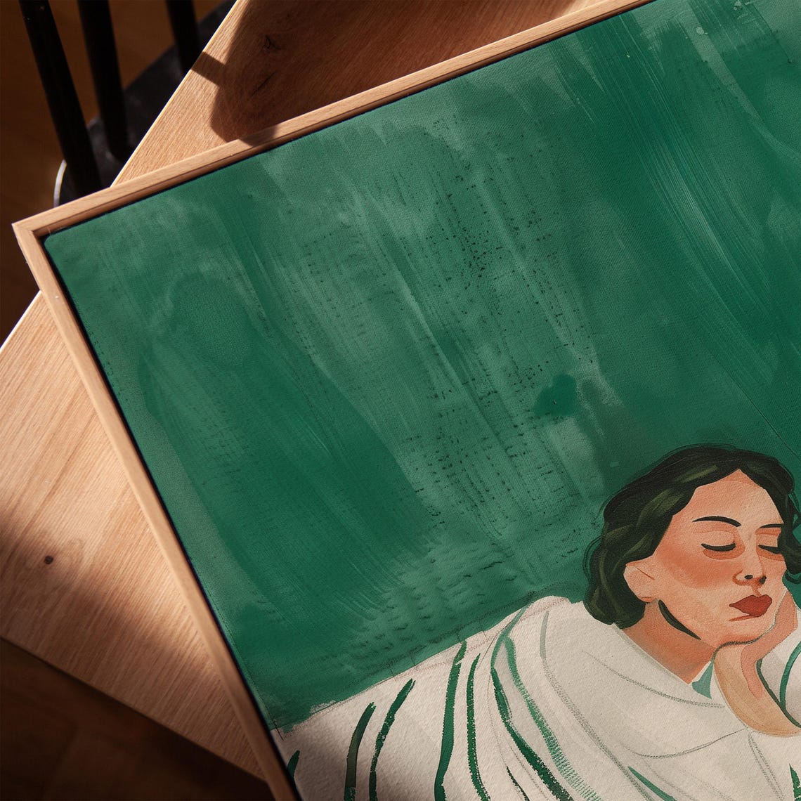 Sleeping Woman Emerald Green Striped Blanket Cozy Rest Poster - Image 3