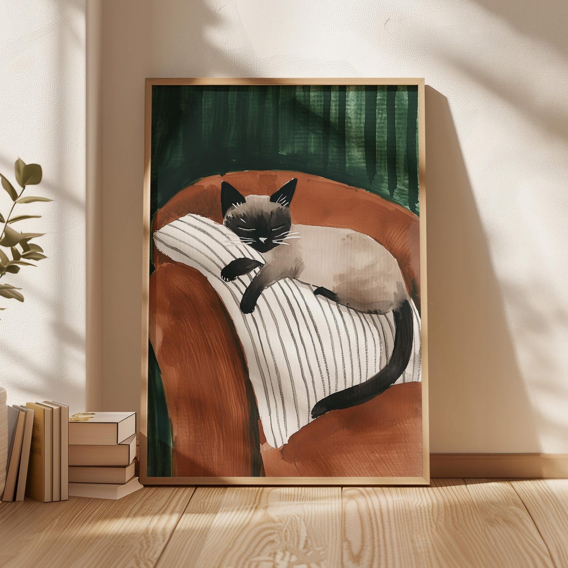 Sleeping Siamese Cat on Striped Pillow Cozy Watercolor Poster