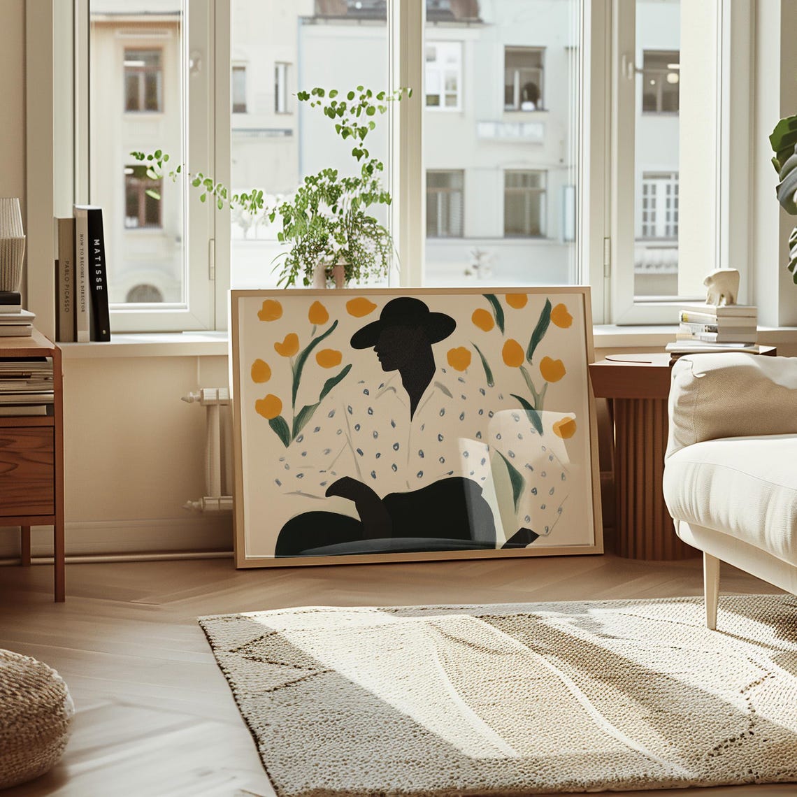 Abstract Portrait Art Print Figure With Black Hat Floral Backdrop Modern Minimalist Decor Stylish Wall Art Bold Home Print - Image 4