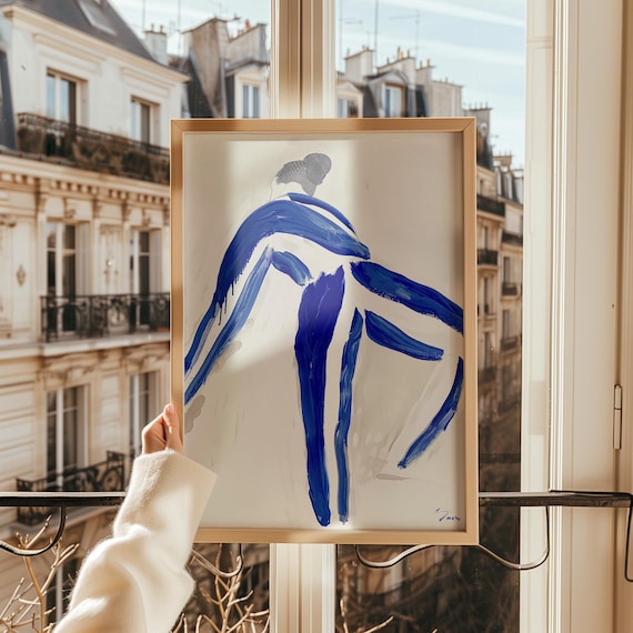 Minimalist Abstract Blue Figure Painting Contemporary Line Art Modern Wall Art Print With Human Silhouette