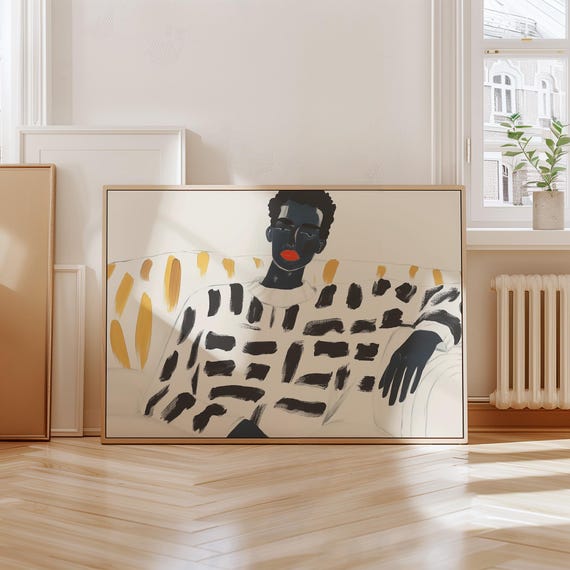 Modern Abstract Portrait Print Minimalist Black And White Wall Art Bold Figurative Illustration Orange Accent Decor Cozy Artwork