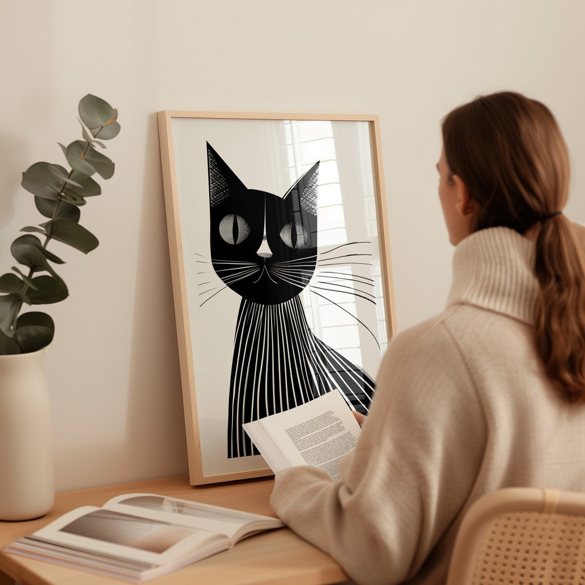 Mid Century Modern Black Cat with Striped Whiskers Illustration Poster - Image 3
