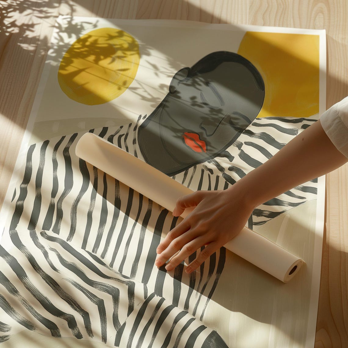 Abstract Portrait Wall Art Sleeping Figure With Bold Sun Modern Striped Shirt Artwork Minimalist Black And White Print Serene Home Decor - Image 3