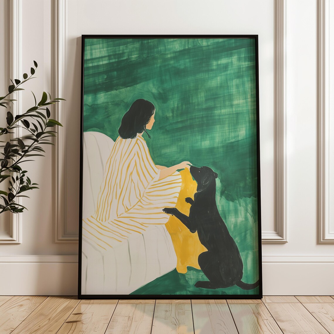 Woman With Black Dog Green Background Modern Figurative Poster