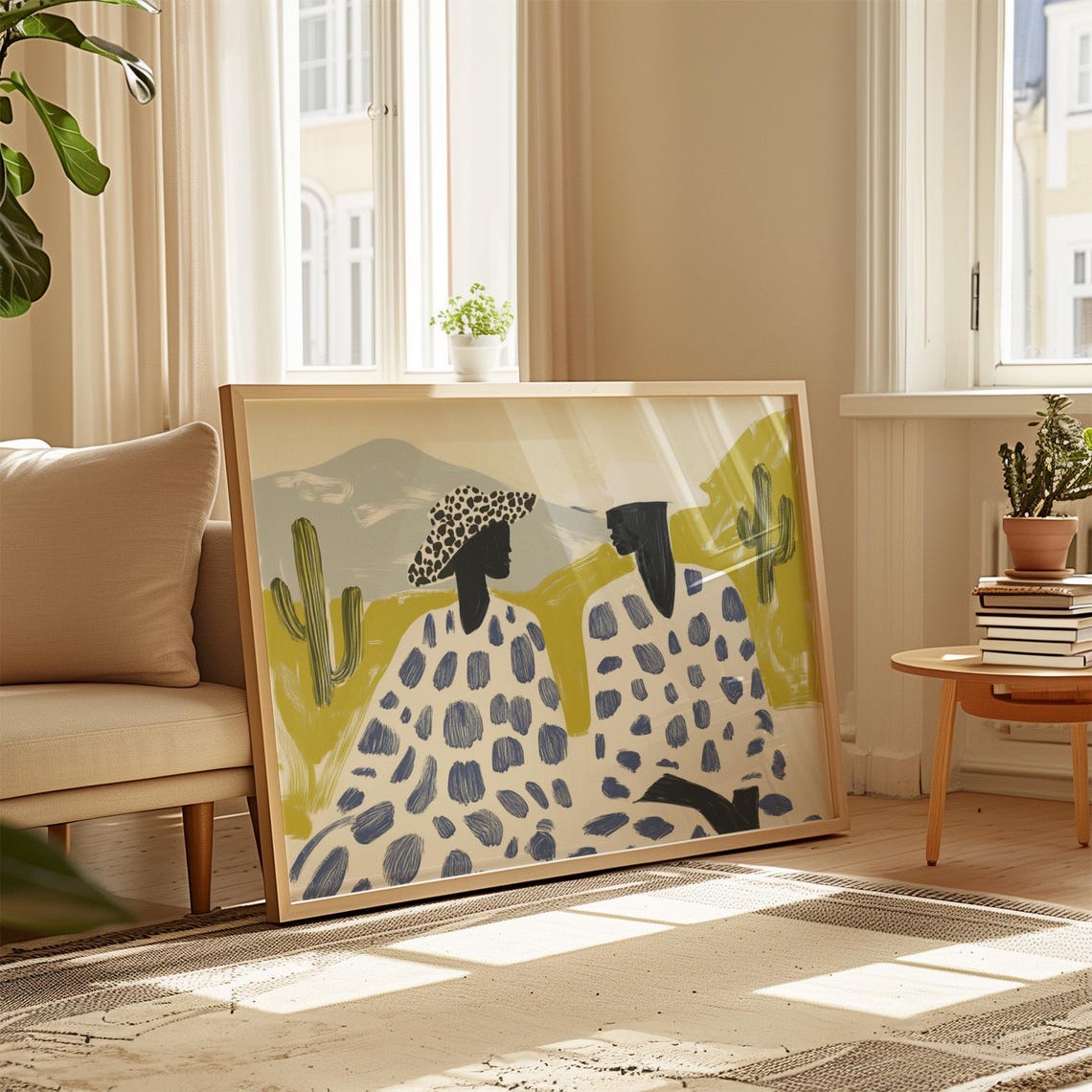 Desert Couple in Blue Spotted Ponchos Among Cacti Southwest Poster - Image 2