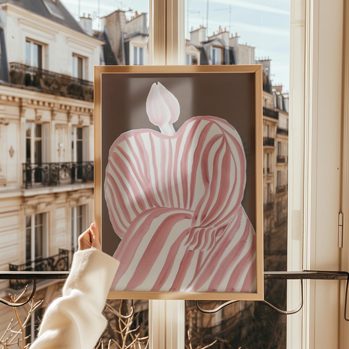 Faceless Figure in Pink Striped Dress with Flower Bud Art Poster - Image 3