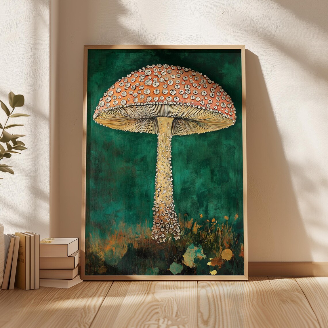 Jeweled Fly Agaric Mushroom Orange Cap Dark Forest Green Poster
