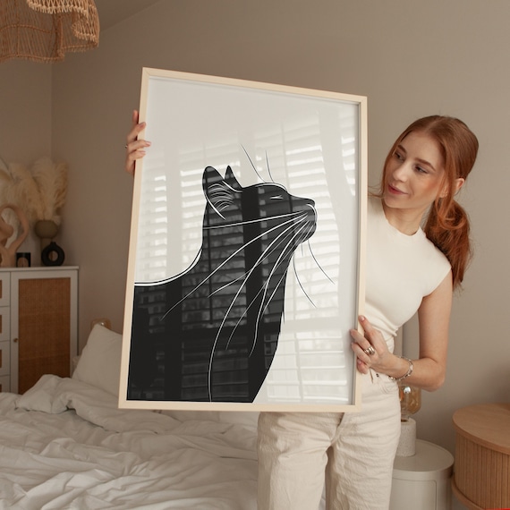 Minimalist Black Cat Silhouette Line Art Modern Feline Wall Art