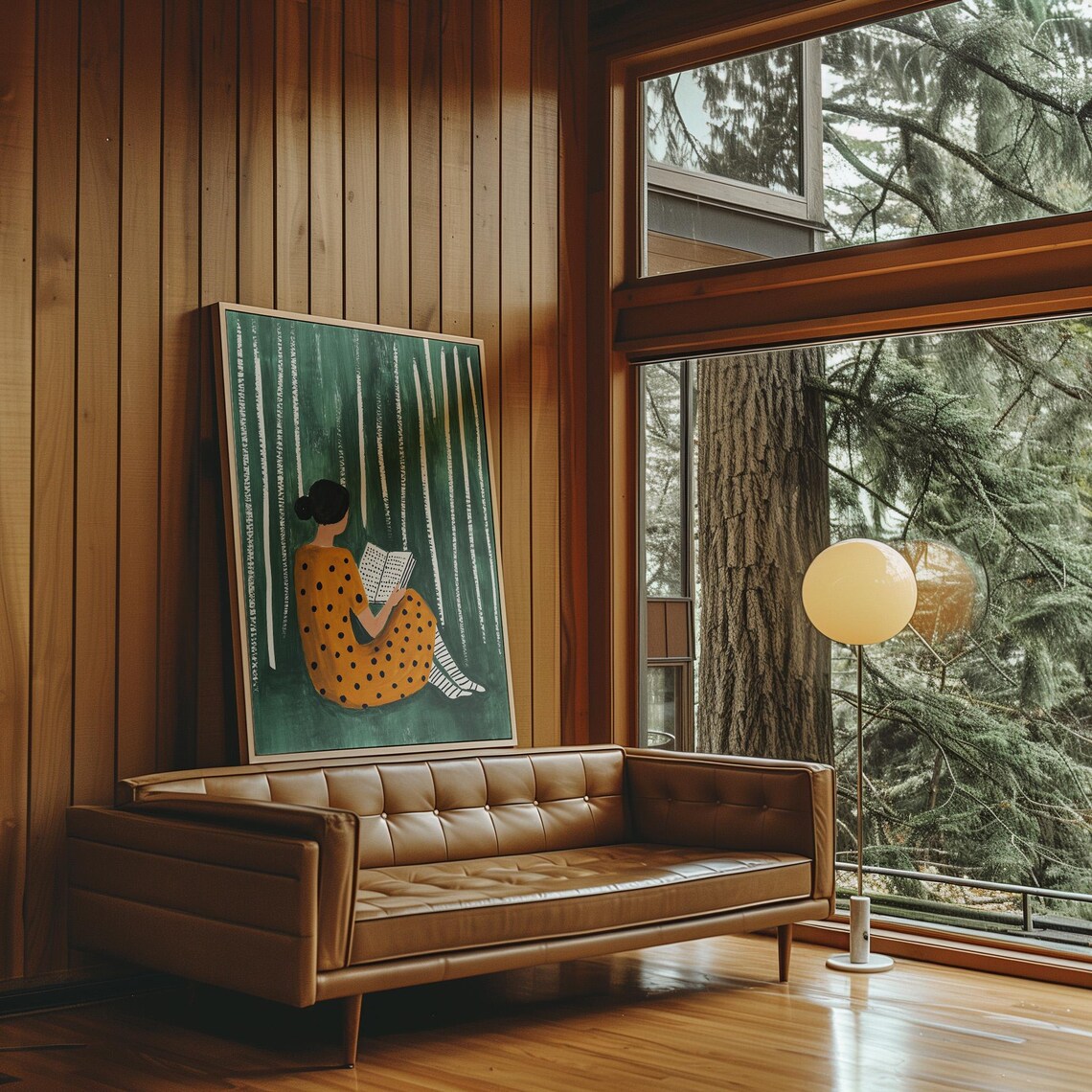 Reading In The Forest Art Print Modern Minimalist Illustration Woman In Polka Dot Dress Cozy Reading Nook Decor Nature Inspired Wall Art - Image 2