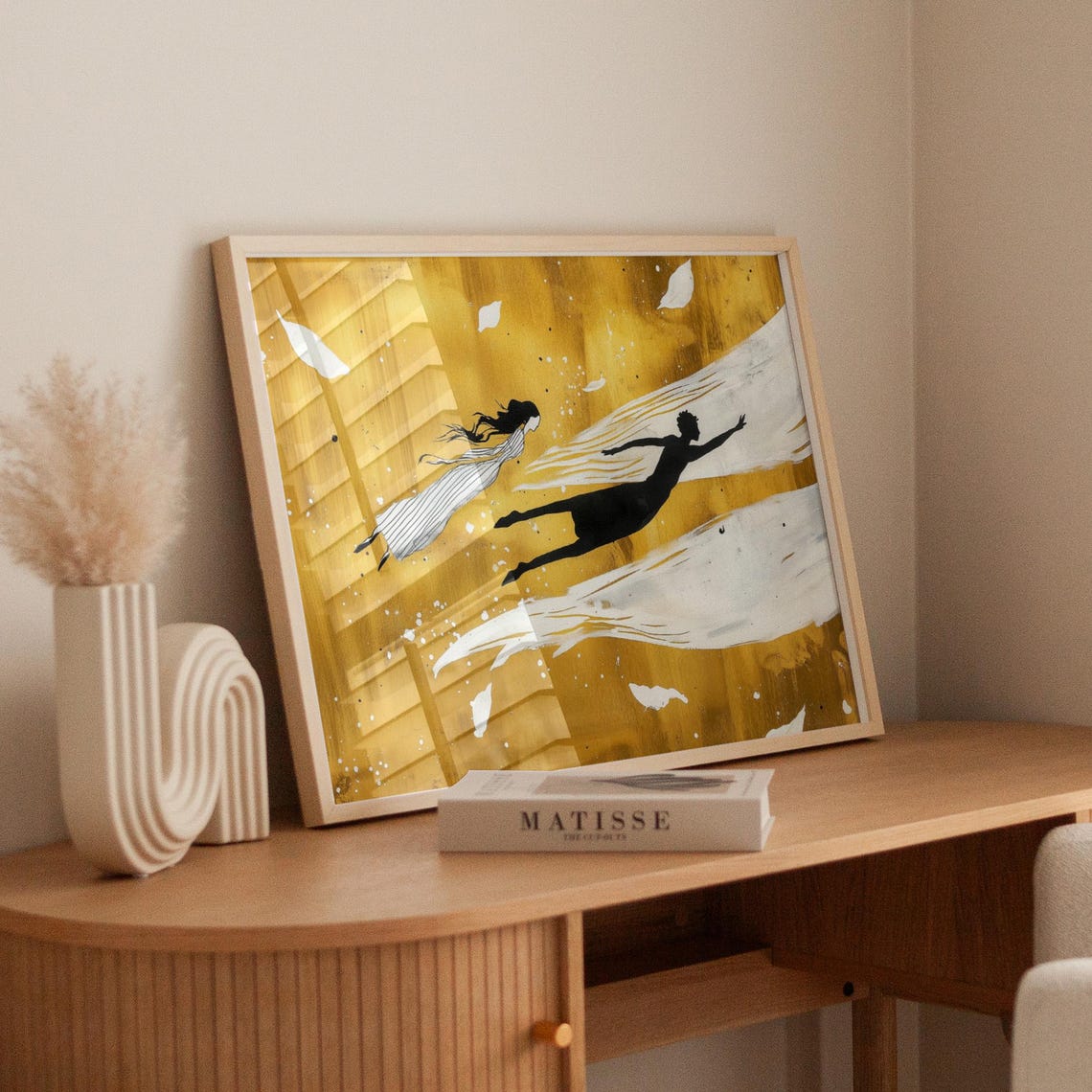 Two Floating Figures In Golden Dreamscape Surreal Abstract Wall Art - Image 3