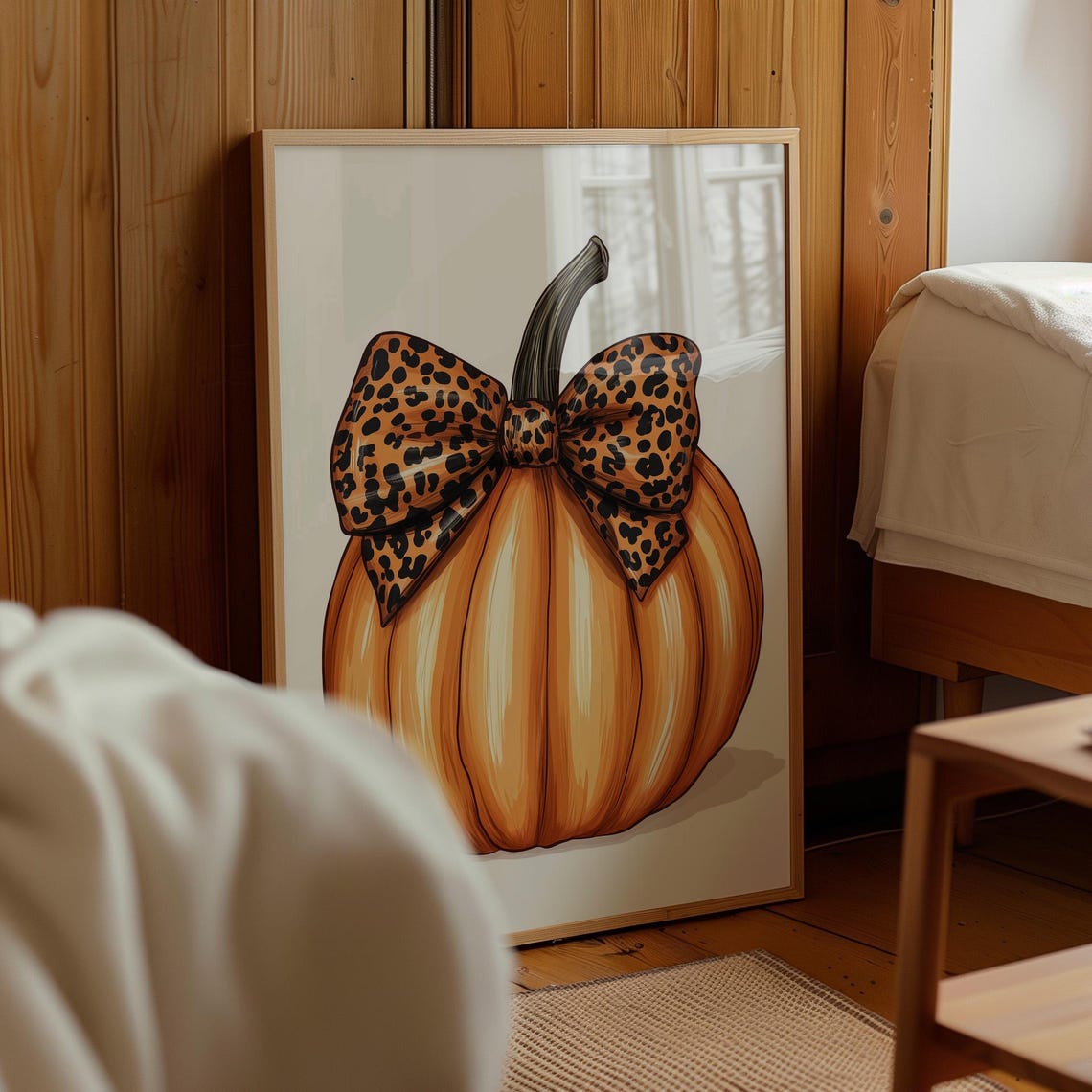 Pumpkin With Leopard Bow Chic Stylish Fall Home Decor Art Poster - Image 3