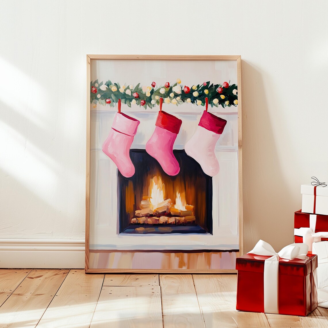 Cozy Christmas Fireplace With Pink Stockings and Garland Poster