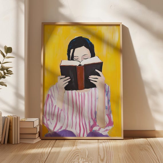 Modern Reading Woman Art Bold Yellow And Pink Wall Art Minimalist Striped Print Abstract Female Portrait Print