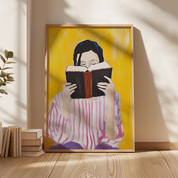 Woman Reading Book Bold Yellow Background Cozy Book Lover Art Poster
