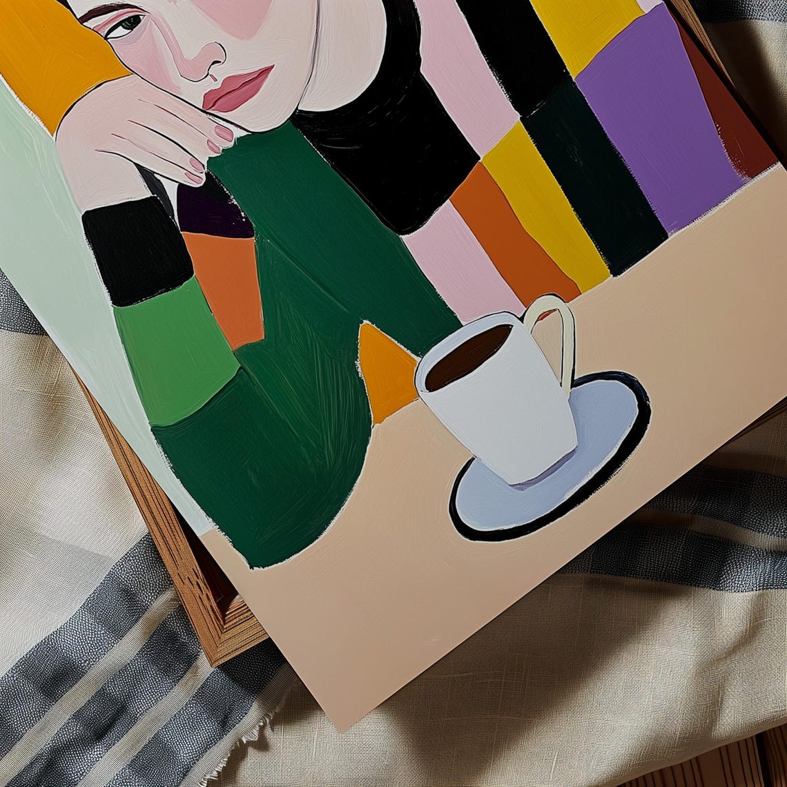 Woman Color Block Sweater Coffee Cup Thoughtful Portrait Modern Poster - Image 3