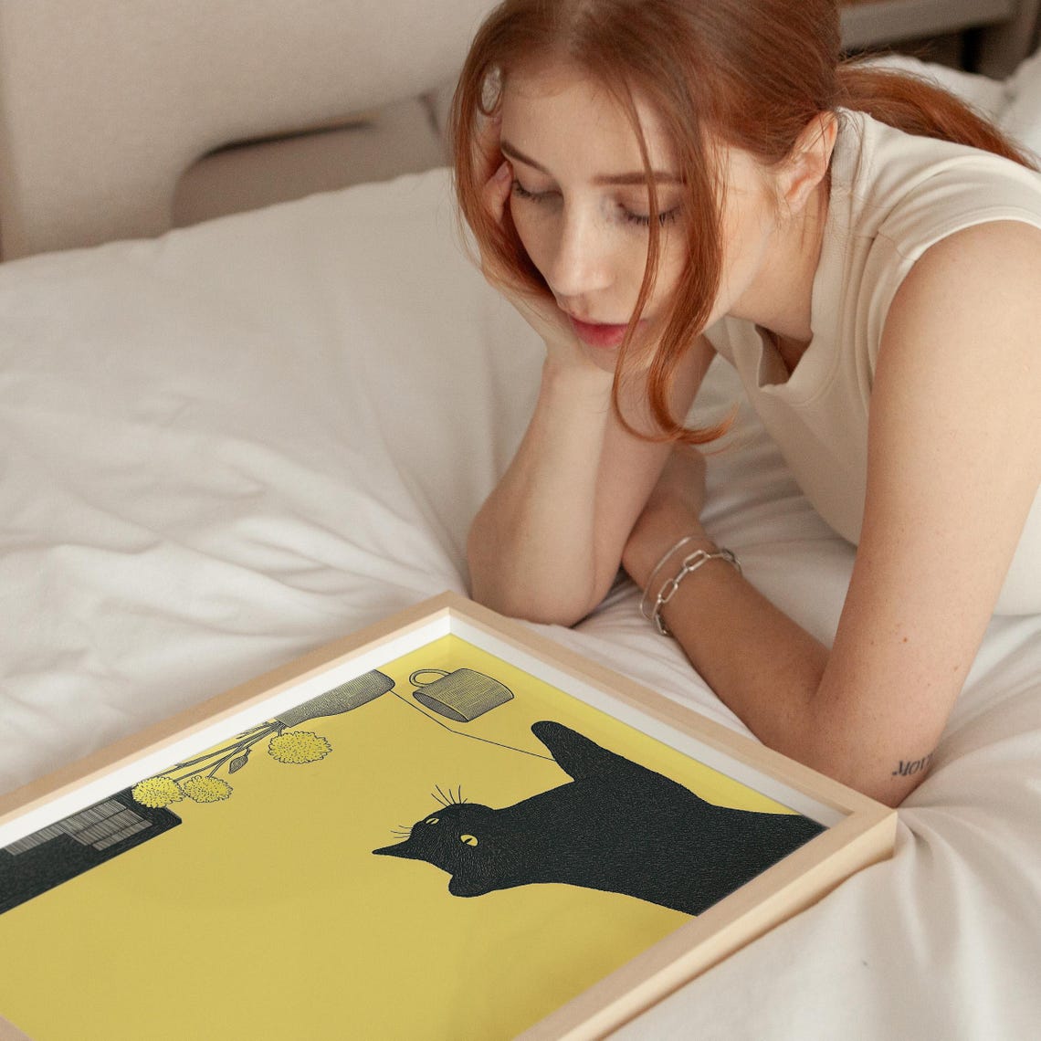 Minimalist Black Cat Bright Yellow Background Modern Art Poster - Image 2