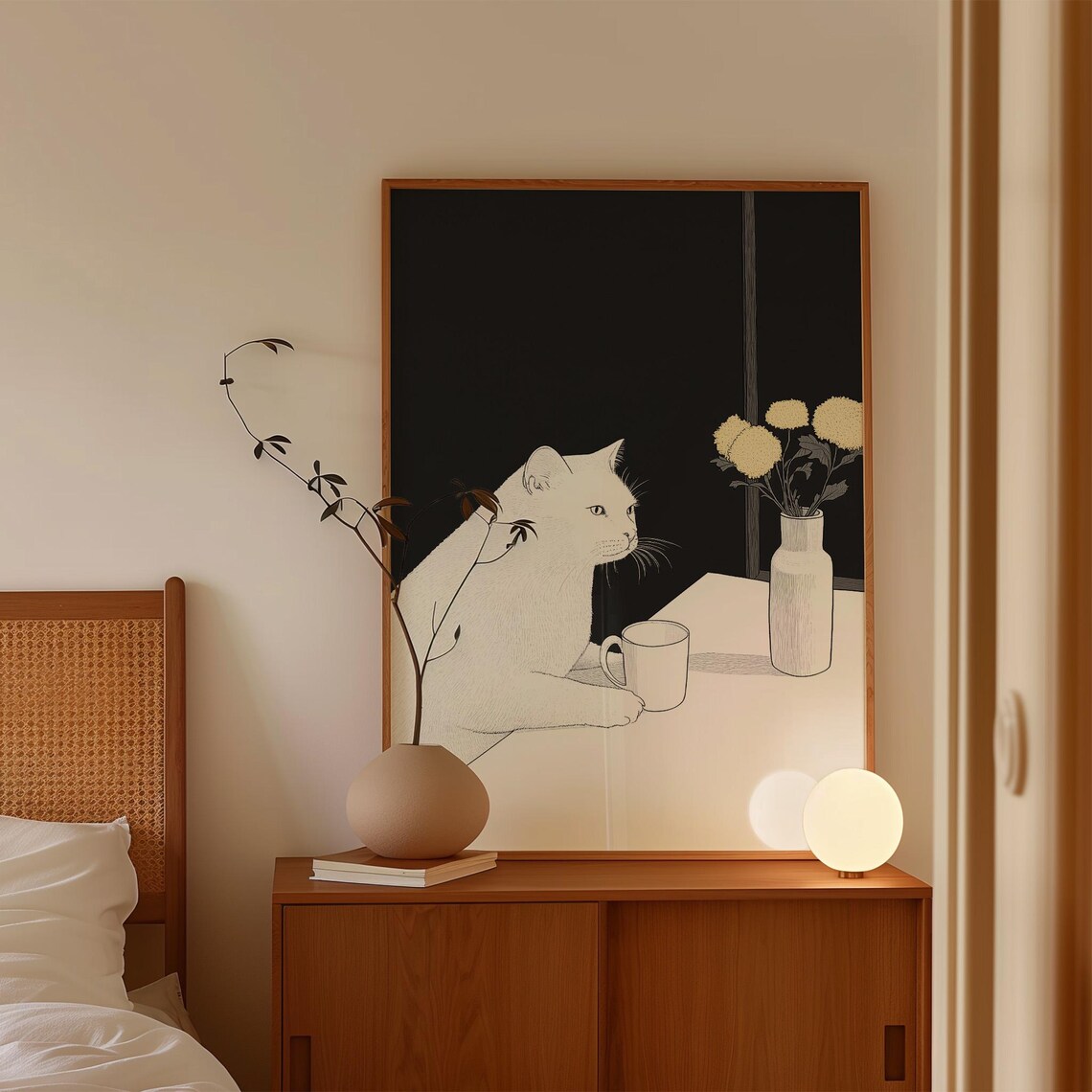 Minimalist White Cat Illustration Coffee Cup Dark Cozy Kitchen Art Poster - Image 4