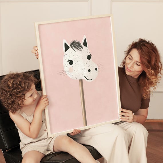 Hobby Horse Wall Art Cute Nursery Print Scandinavian Kids Room Wall Art Pastel Pink Hobby Horse Illustration
