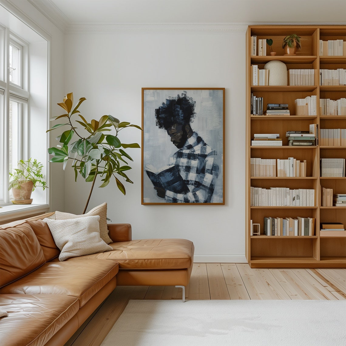 Abstract Afro Man Reading Book Muted Blue Contemporary Poster - Image 3