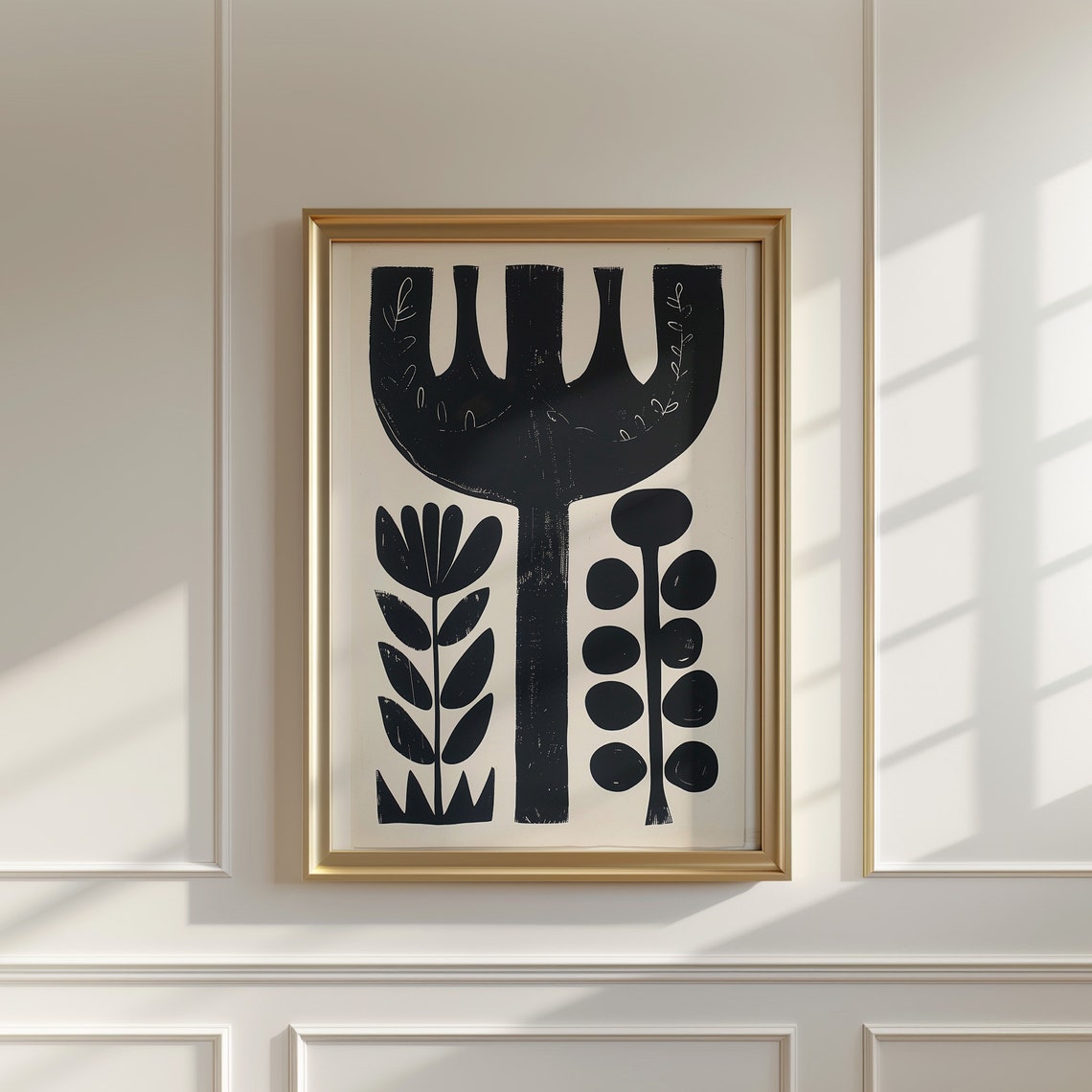 Nordic Botanical Black Plant Silhouette Cream Folk Graphic Art Poster - Image 4