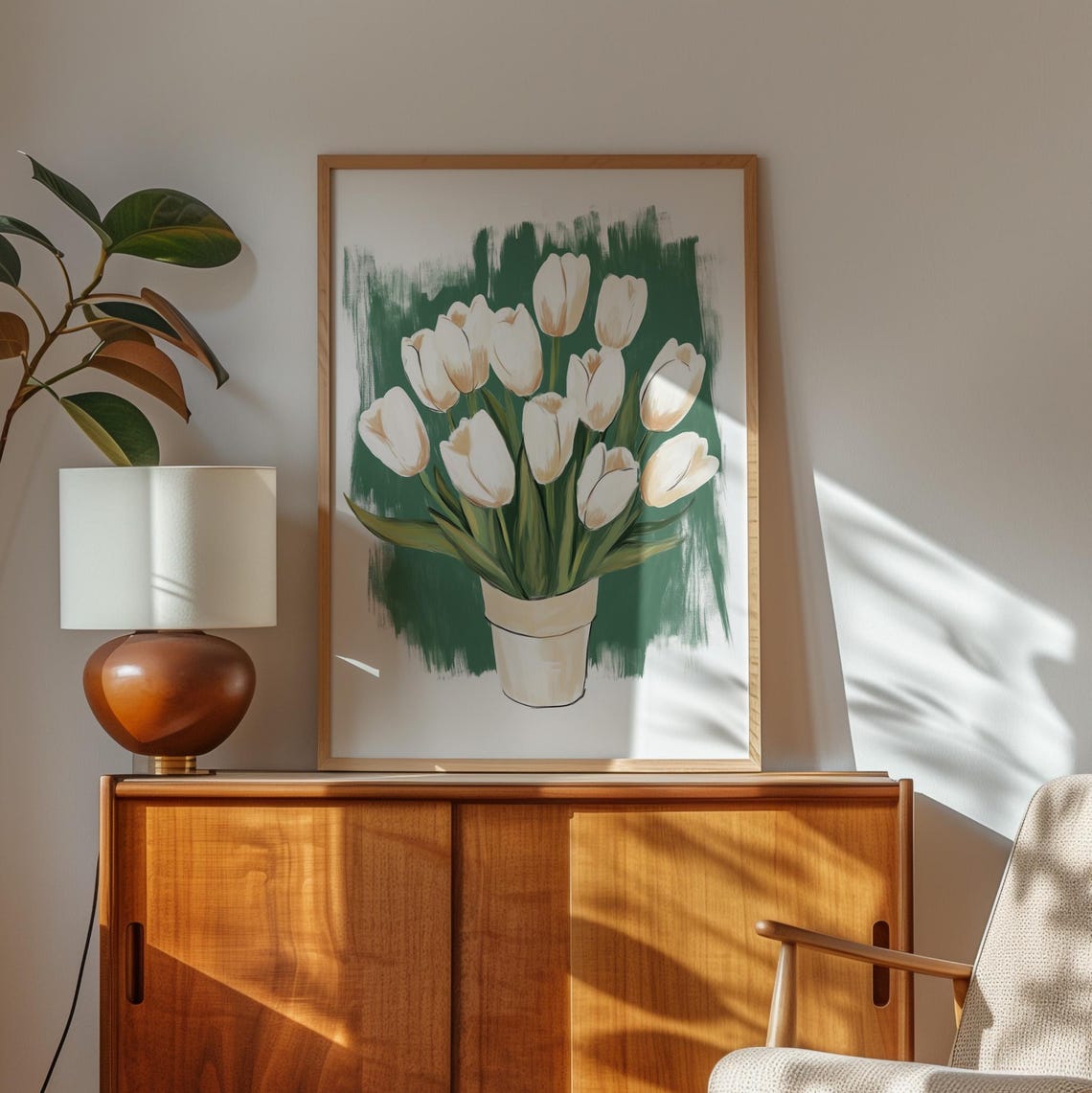 White Tulips in Vase Green Brushstroke Floral Painted Poster - Image 3