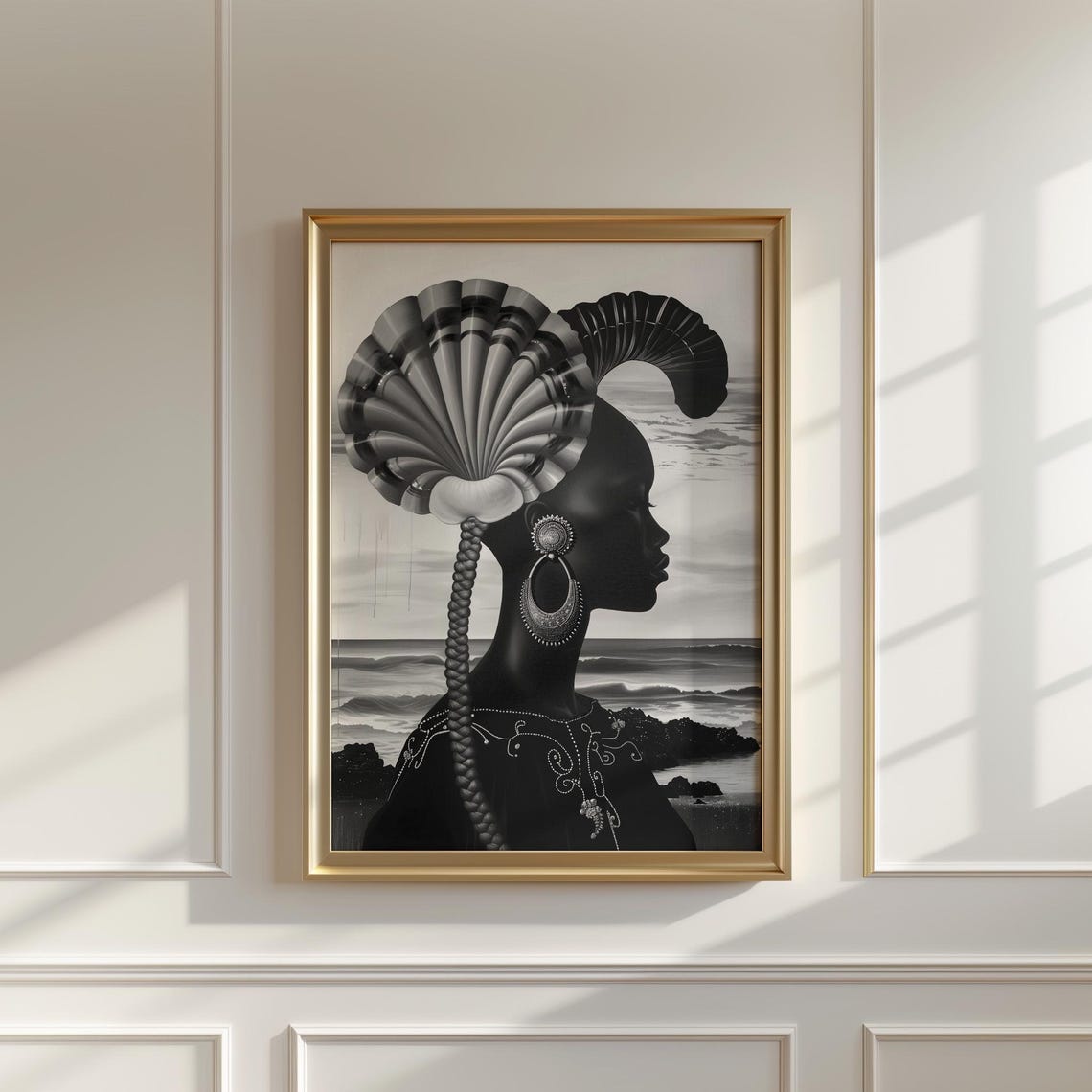 Black and White African Woman With a Bold Shell Headpiece Poster