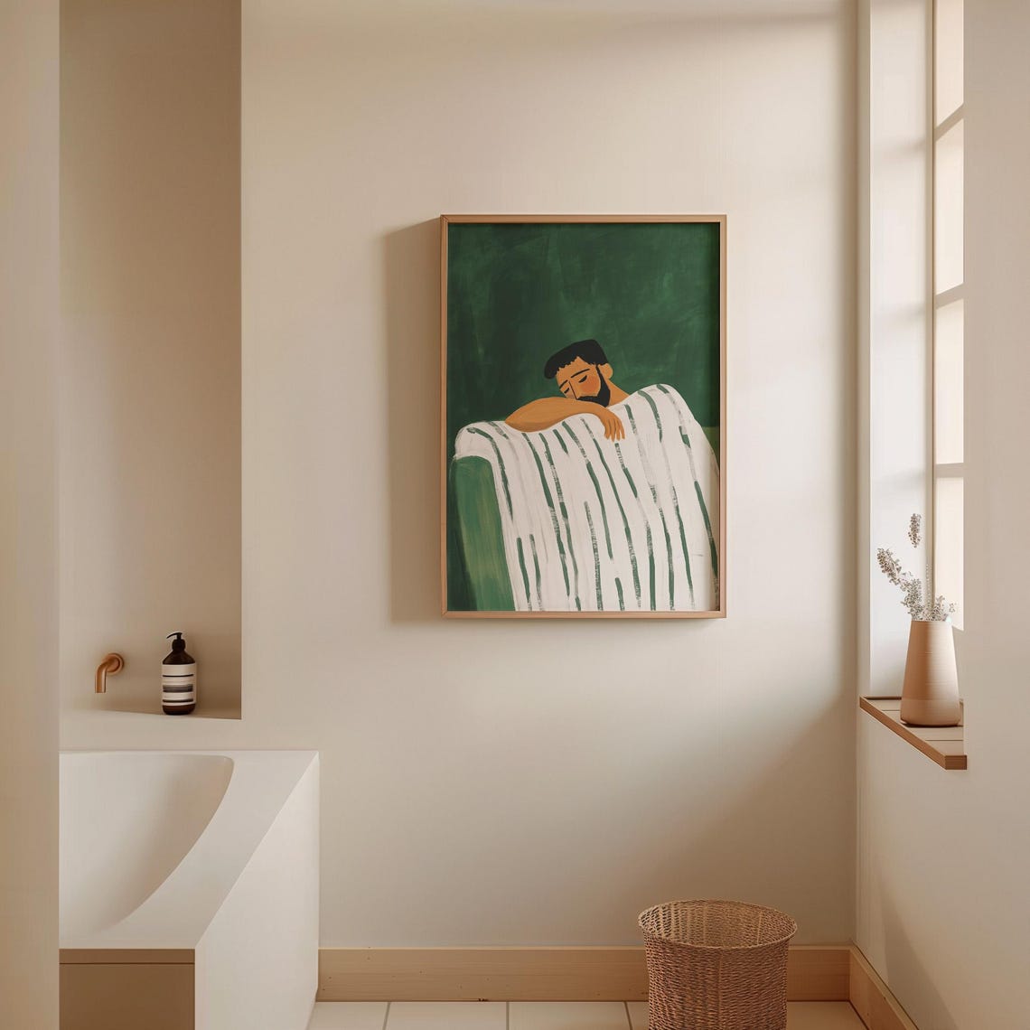 Bearded Man Sleeping Under Striped Blanket Deep Green Wall Art - Image 3
