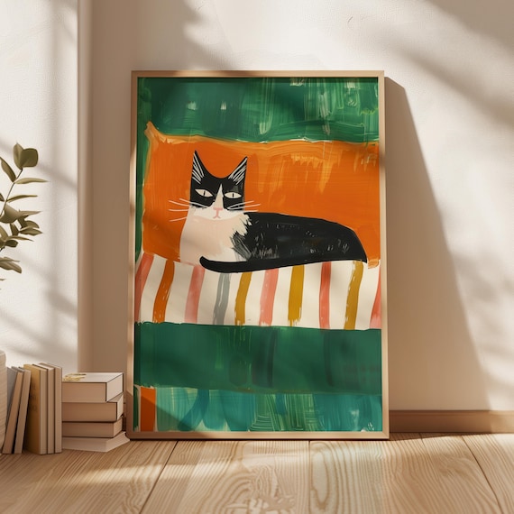 Black And White Cat Lounging Colorful Striped Blanket Bold Poster