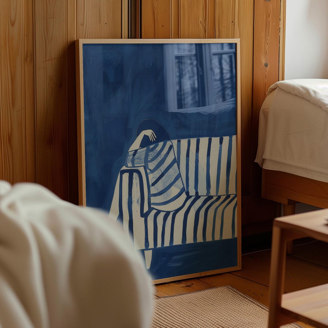 Minimalist Woman On Striped Sofa Blue White Abstract Art Print - Image 4