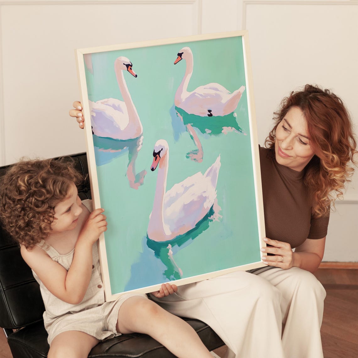 Three White Swans Floating on a Mint Green Lake Watercolor Poster