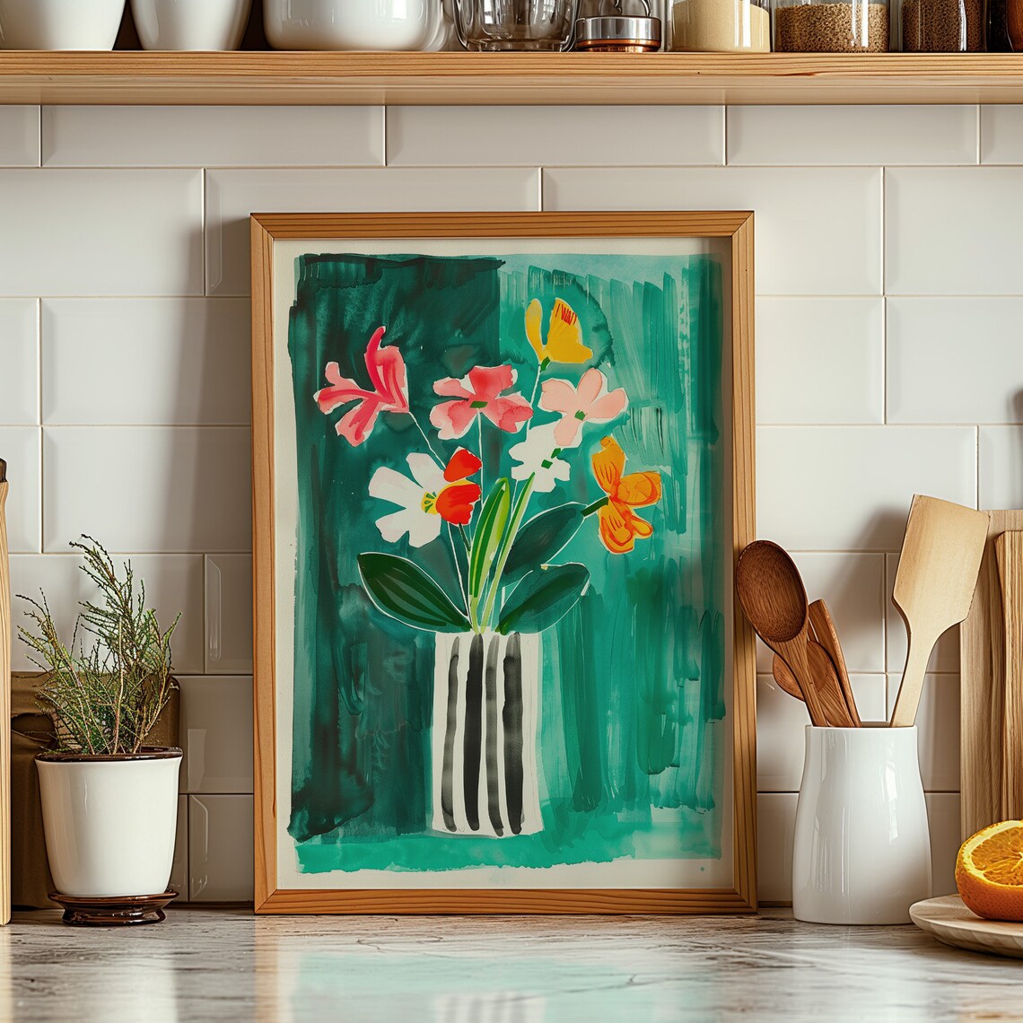 Colorful Flower Bouquet Teal Watercolor Floral Vase Art Poster - Image 2